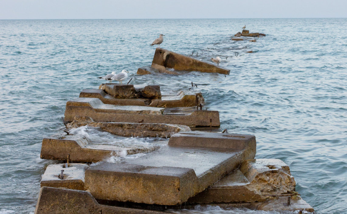 seagulls on broken pier at Atwater Beach