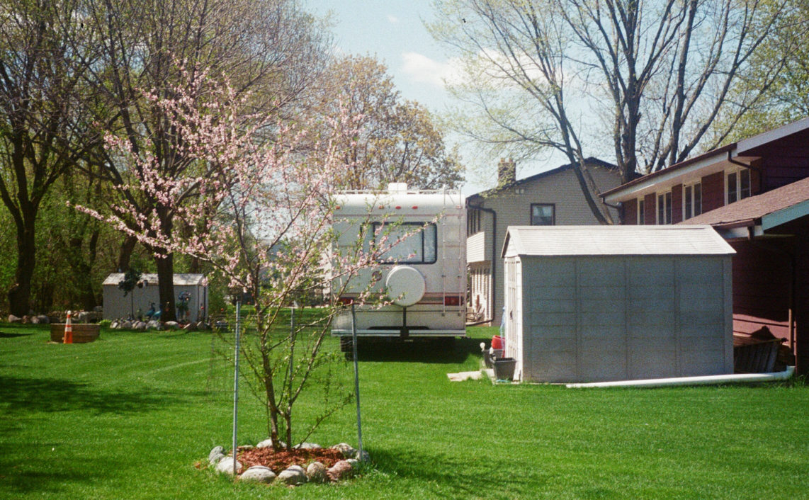 rv parked in backyard with a small peach tree in the foreground